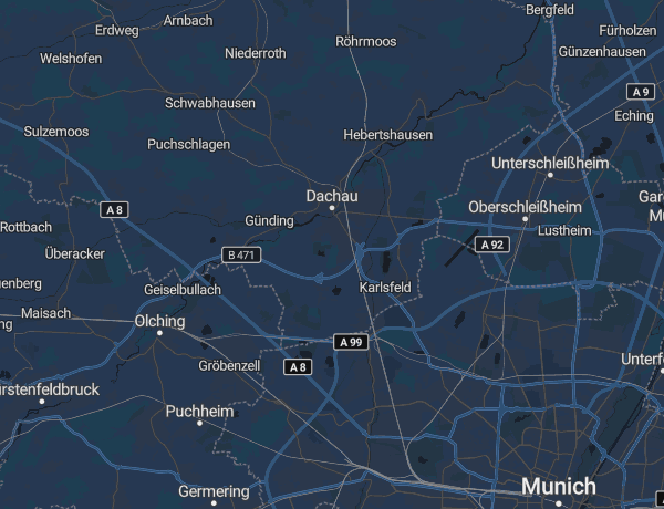 Karte des Landkreises Dachau mit Dachau, Karlsfeld, Hebertshausen und Röhrmoos