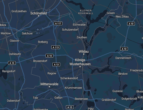Karte des Landkreises Dahme-Spreewald mit Königs Wusterhausen, Schönefeld und dem Flughafen BER