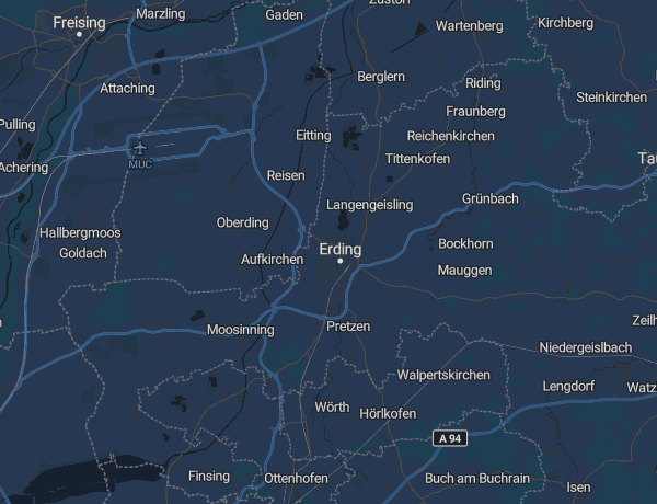 Karte des Landkreises Erding mit Erding, Oberding und dem Flughafen München