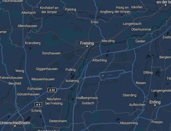 Karte des Landkreises Freising mit Freising, Hallbergmoos, Neufahrn und dem Flughafen München