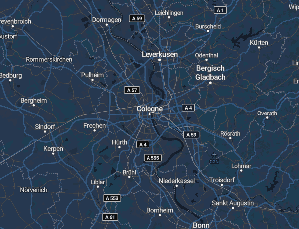 Karte von Köln und Umland mit Leverkusen, Bergisch Gladbach und Brühl
