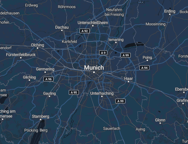 Karte der Region München mit Stadt und Umland (Dachau, Fürstenfeldbruck, Erding, Ebersberg)