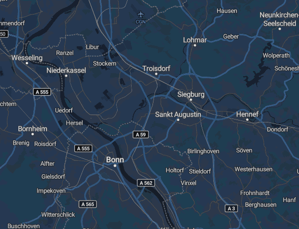 Karte des Rhein-Sieg-Kreises mit Siegburg, Troisdorf und Sankt Augustin