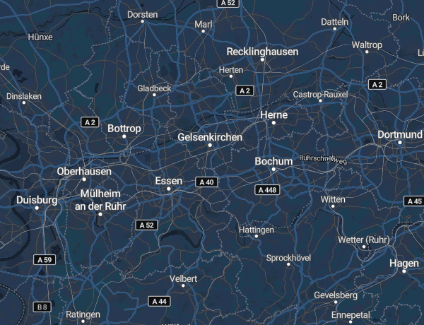 Karte des Ruhrgebiets mit Duisburg, Essen, Bochum und Dortmund